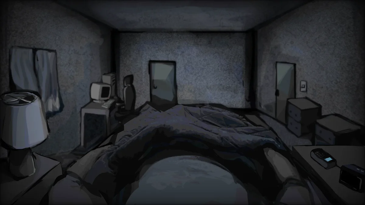 A first person sleep scene inside the dark room